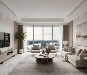 Luxury condominium showflat in Singapore District 9, elegant staged living room, marble flooring, floor-to-ceiling windows overlooking river, refined neutral tones, soft natural daylight.