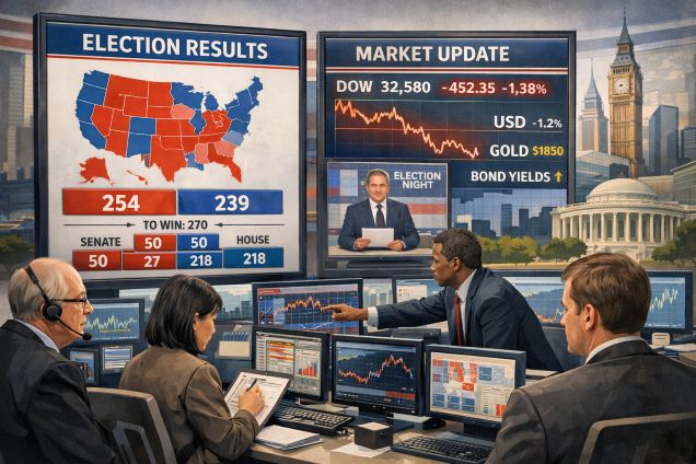 global investors monitoring election results and economic data dashboards